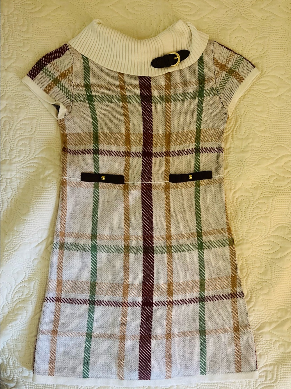 Janie and Jack Cream Plaid Mini Dress with Green & Burgundy Stripes